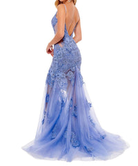 Rachel Allan - Lace Trumpet Prom Dress - blue - clothing - dresses