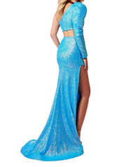 Rachel Allan - One Shoulder Bubble Sleeve Prom Dress - blue - clothing - dresses