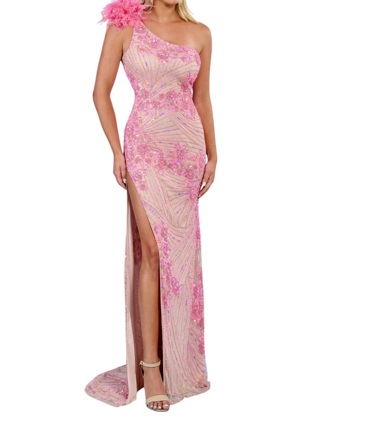 Rachel Allan - One Shoulder Feathered Prom Dress - clothing - dresses - patterned