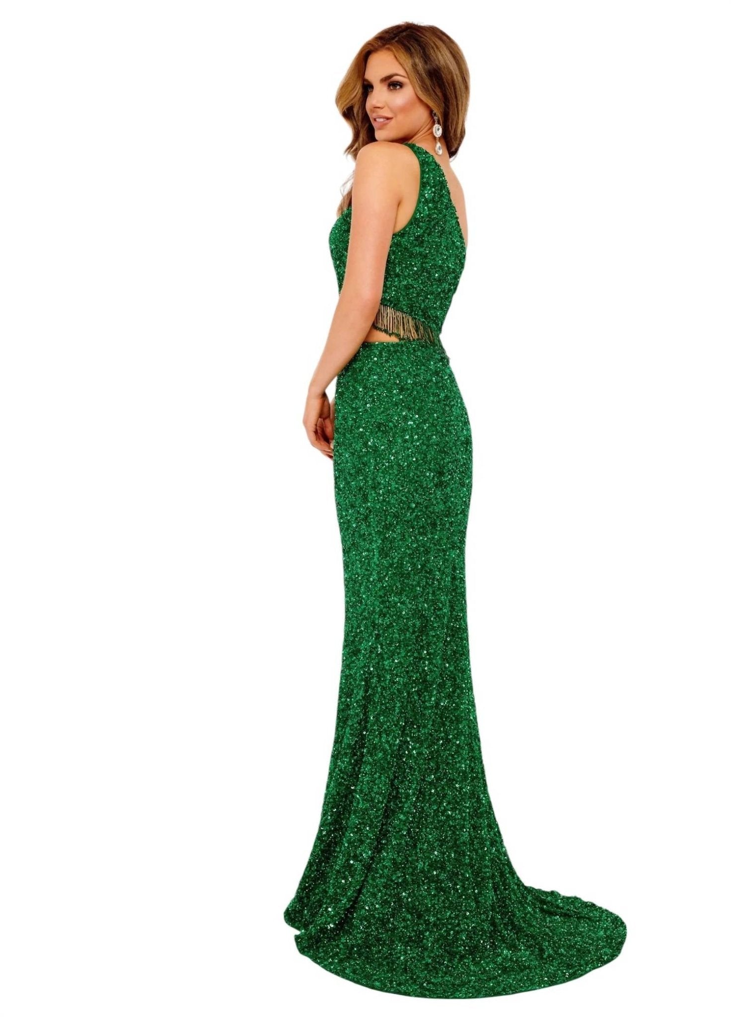Rachel Allan - One Shoulder Fringe Overlay Prom Dress - clothing - dresses - green