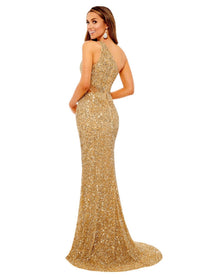 Rachel Allan - One Shoulder Fringe Overlay Prom Dress - clothing - dresses - gold