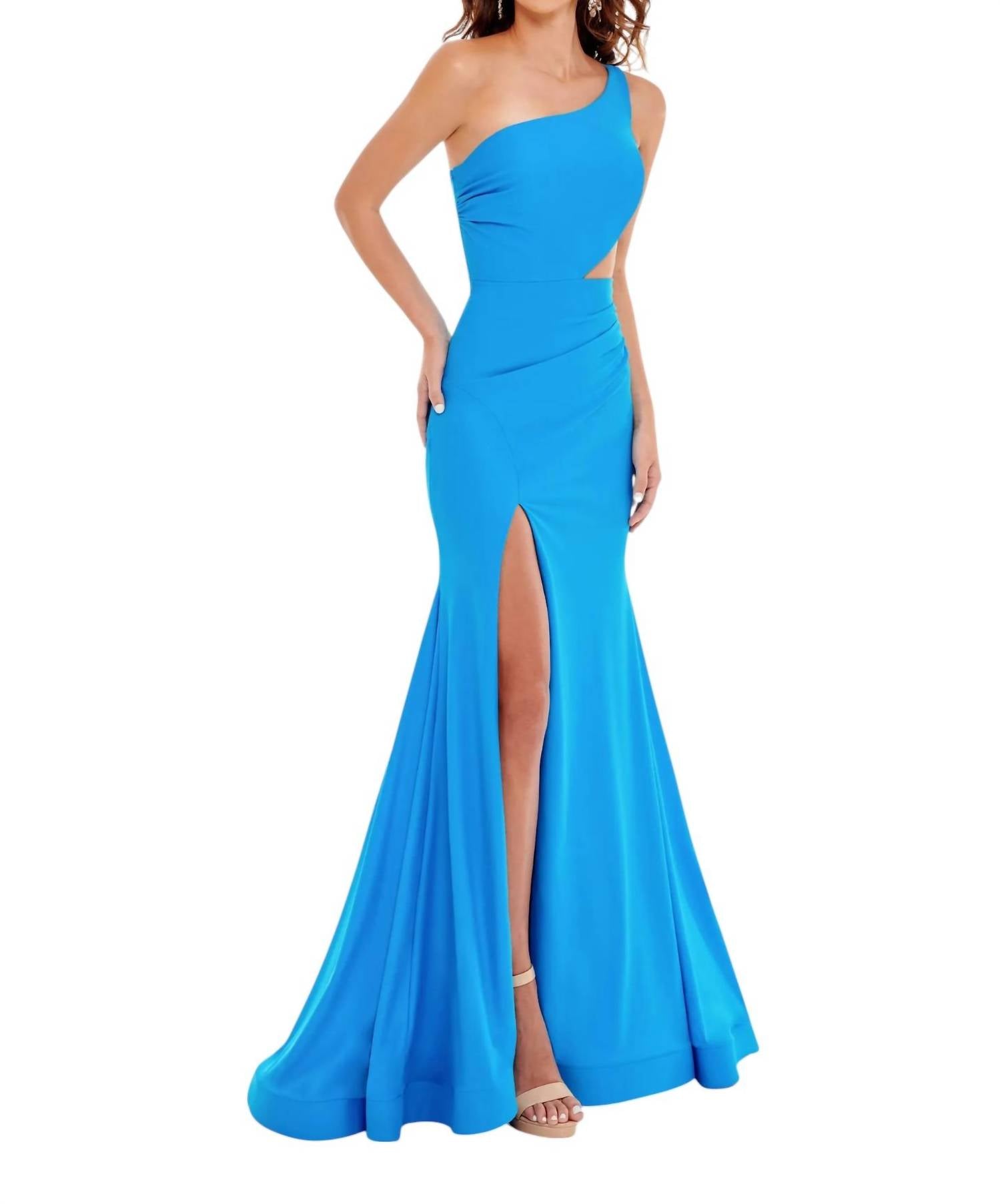 Rachel Allan - Side Cut Out One Shoulder Prom Dress - blue - clothing - dresses