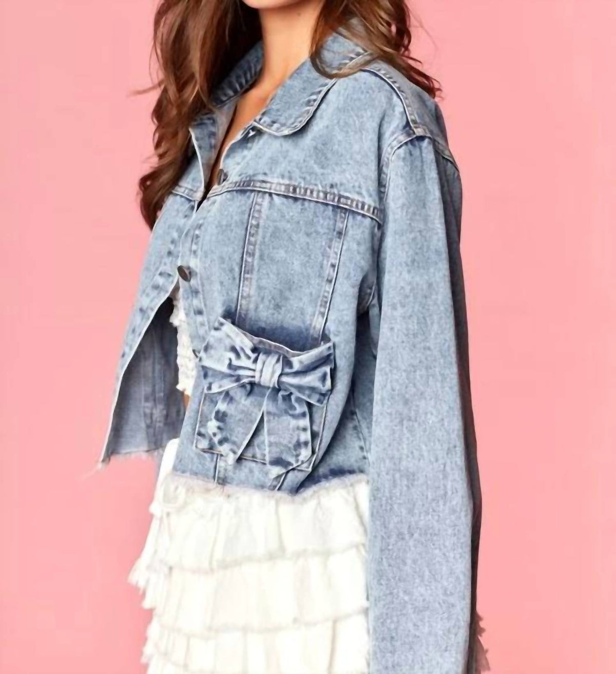 Rareraw - Denim Bow Pocket Cropped Jacket