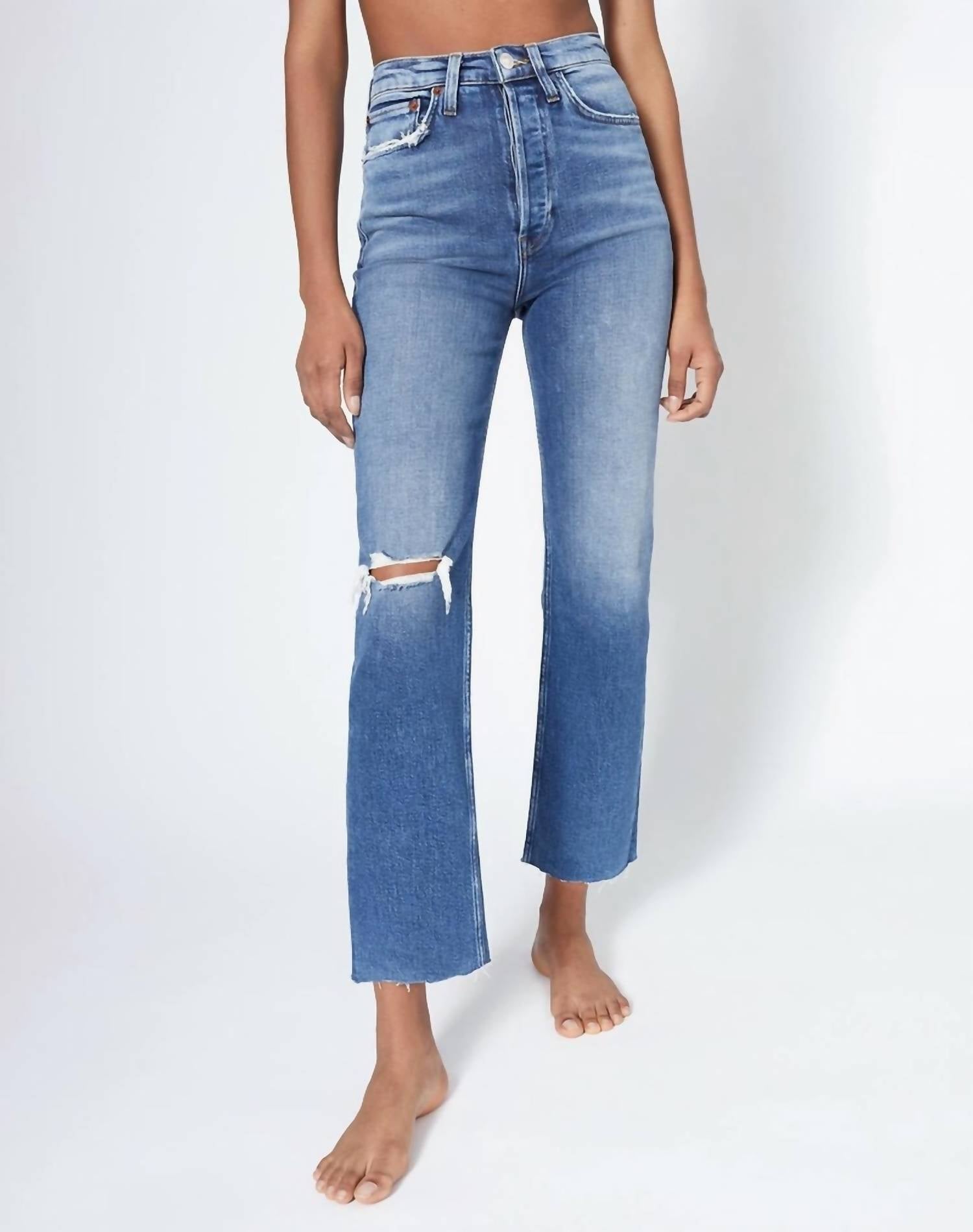 Re/Done - Ultra High Rise Stove Pipe Jeans - blue - clothing - cotton - blend