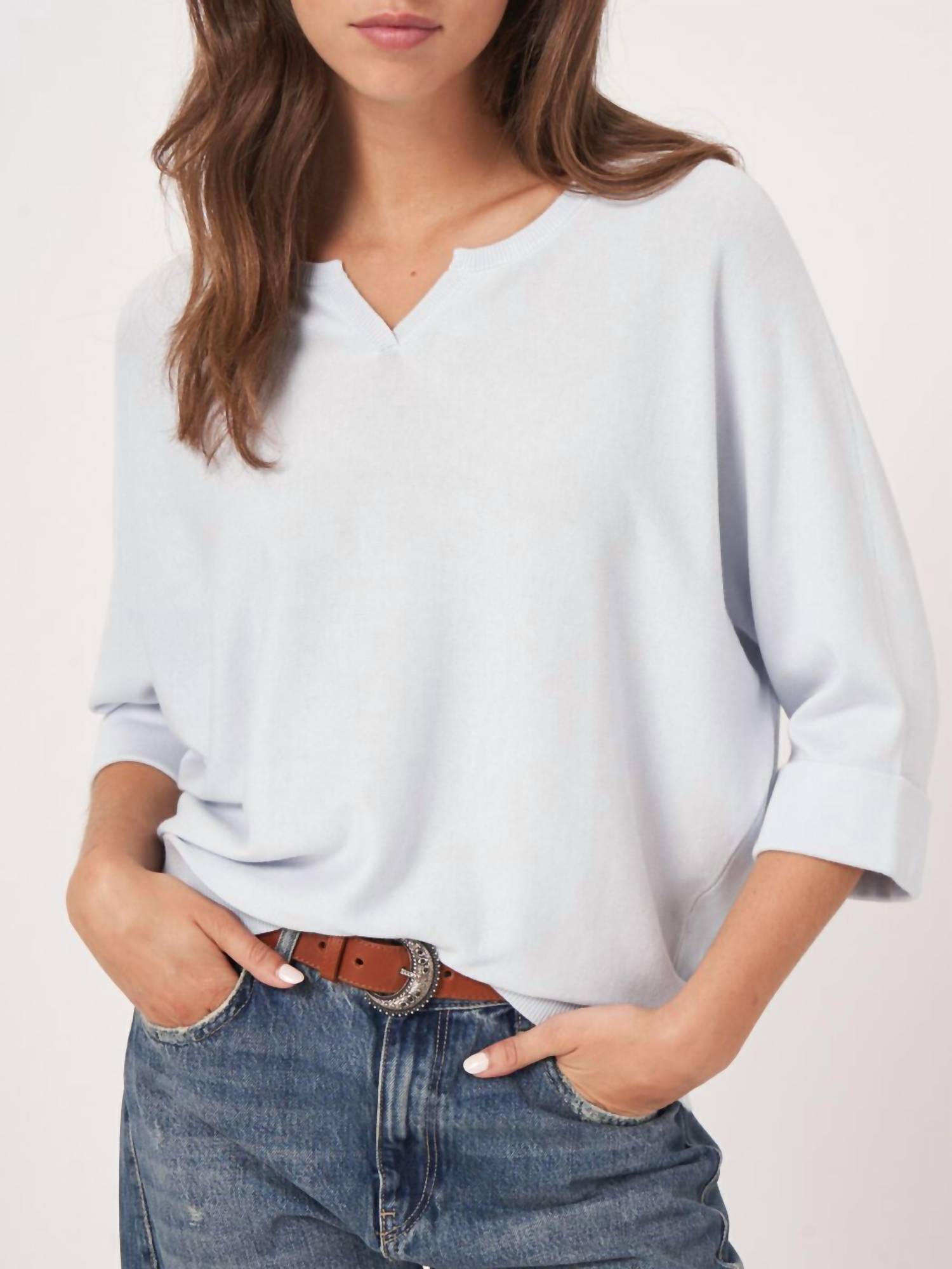 Repeat Cashmere - Loose Fit Cotton Blend Fine Knit Batwing Sweater - blue - clothing - cotton - blend
