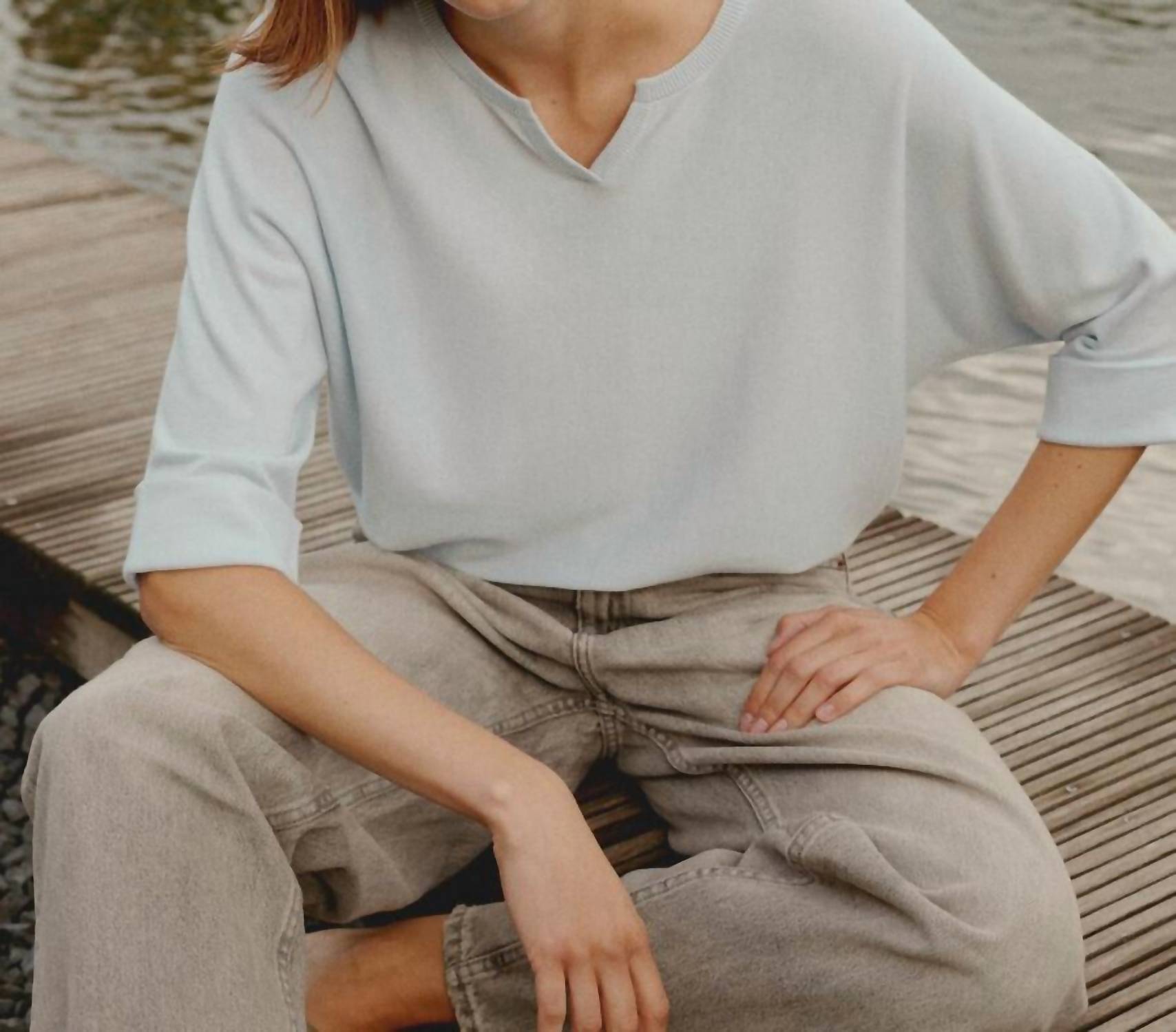 Repeat Cashmere - Loose Fit Cotton Blend Fine Knit Batwing Sweater - blue - clothing - cotton - blend