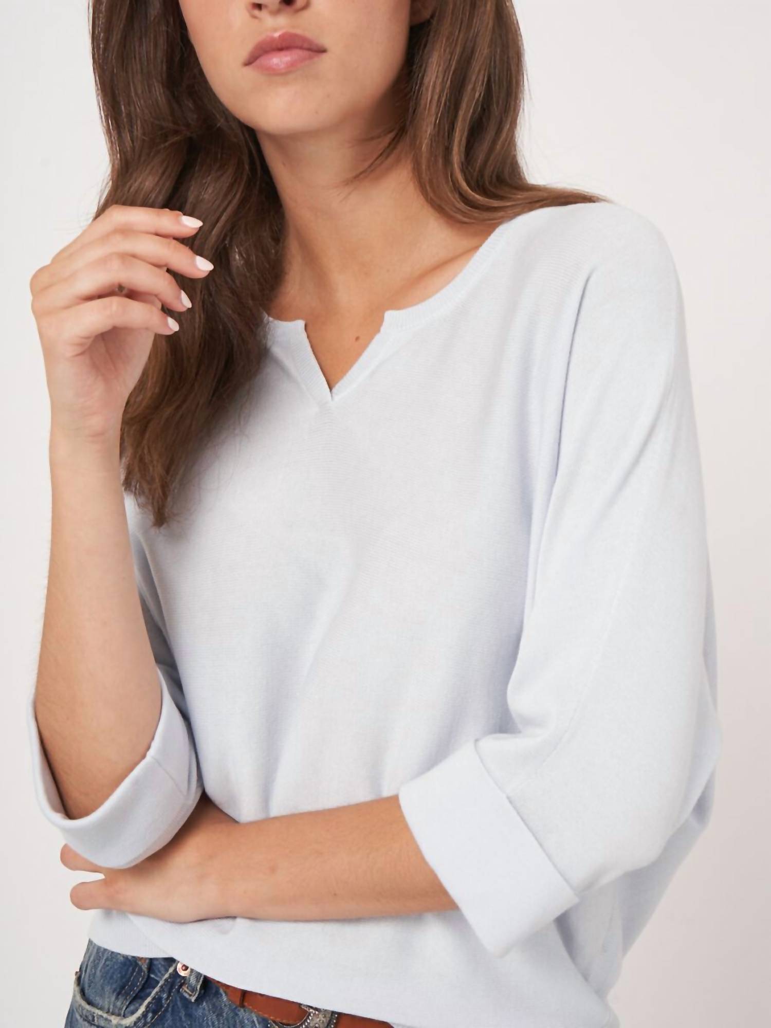 Repeat Cashmere - Loose Fit Cotton Blend Fine Knit Batwing Sweater - blue - clothing - cotton - blend
