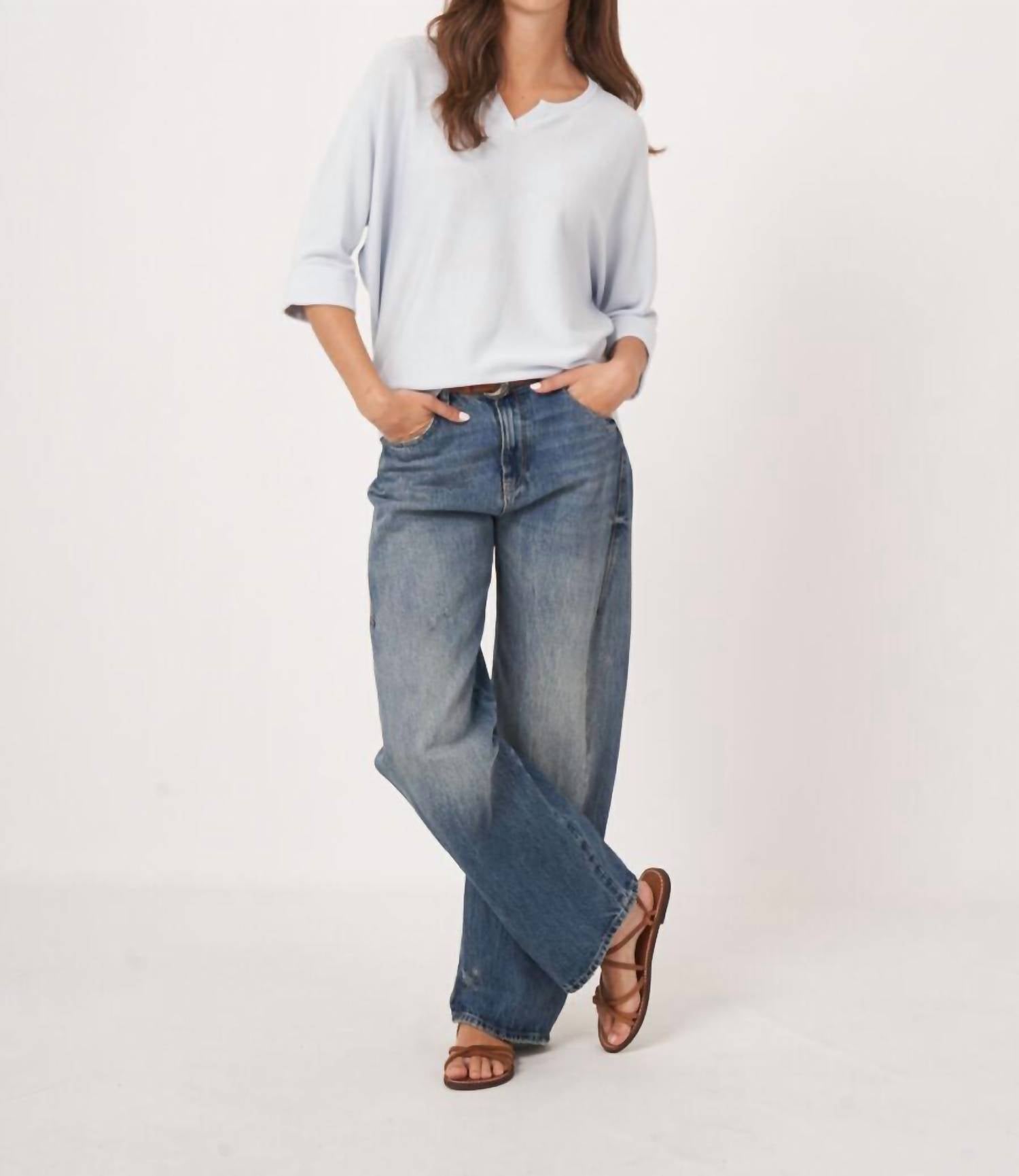 Repeat Cashmere - Loose Fit Cotton Blend Fine Knit Batwing Sweater - blue - clothing - cotton - blend