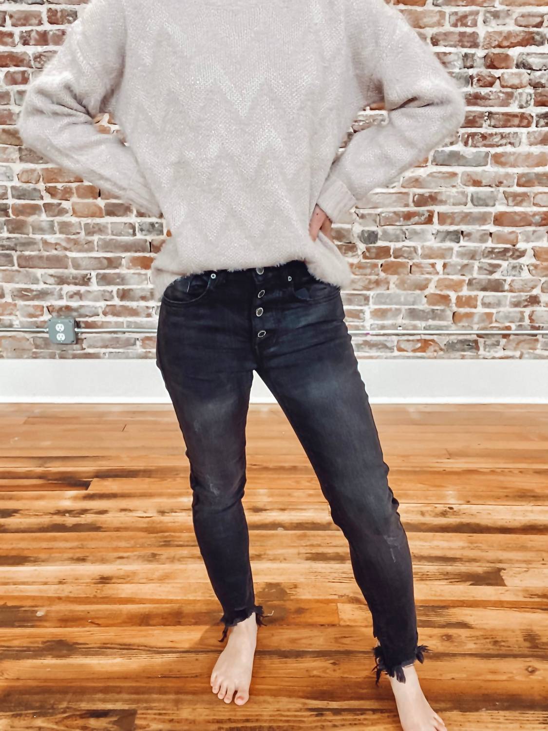 Risen - Button Fly Raw Hem Skinny Jeans