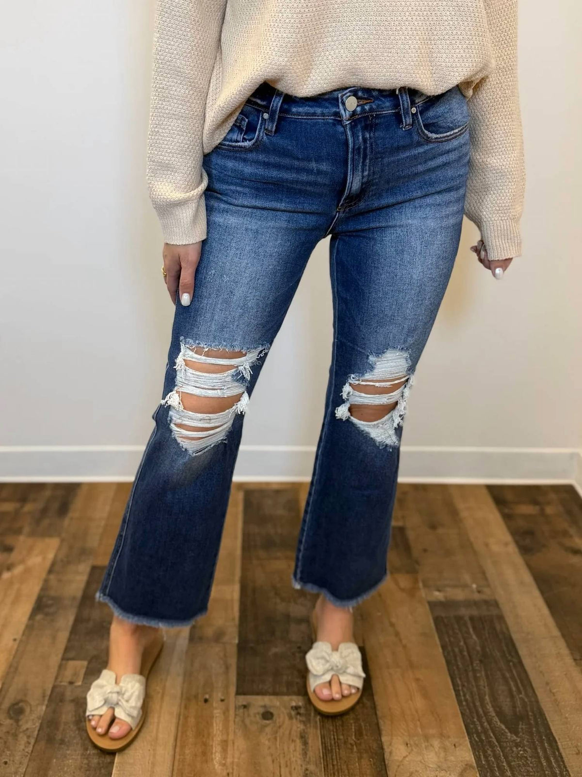 Risen - Distressed Crop Flare Jean
