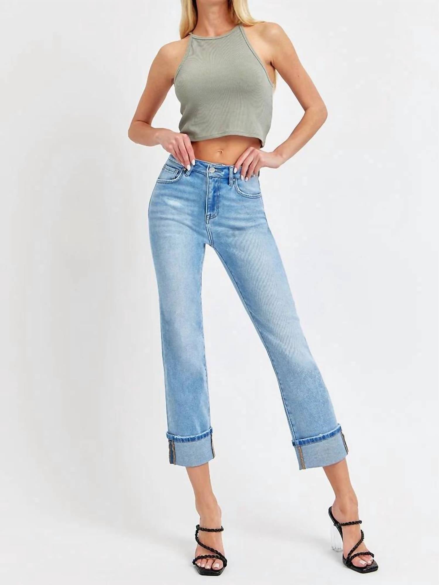 Risen - High Rise Cuffed Straight Jeans - blue - clothing - cotton - blend