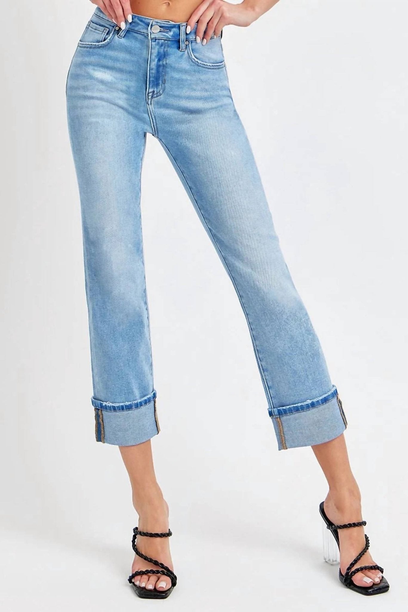 Risen - High Rise Cuffed Straight Jeans - blue - clothing - cotton - blend