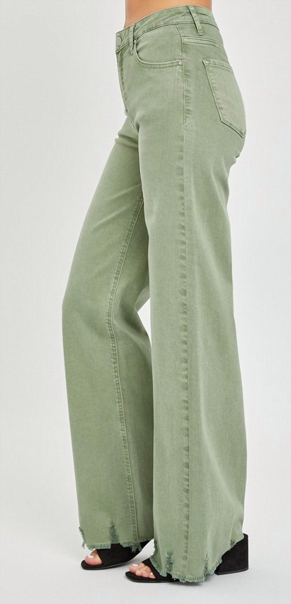Risen - High Rise Wide Leg Frayed Hem Pants - clothing - cotton - blend - green