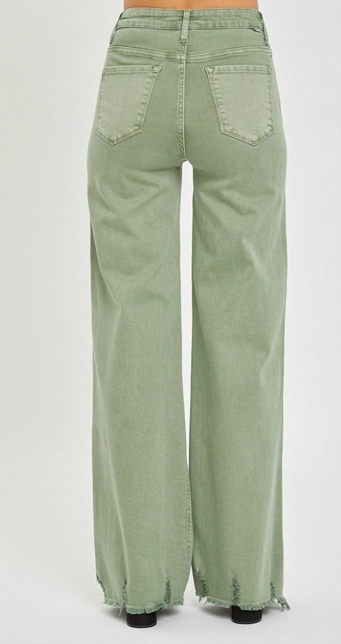 Risen - High Rise Wide Leg Frayed Hem Pants - clothing - cotton - blend - green