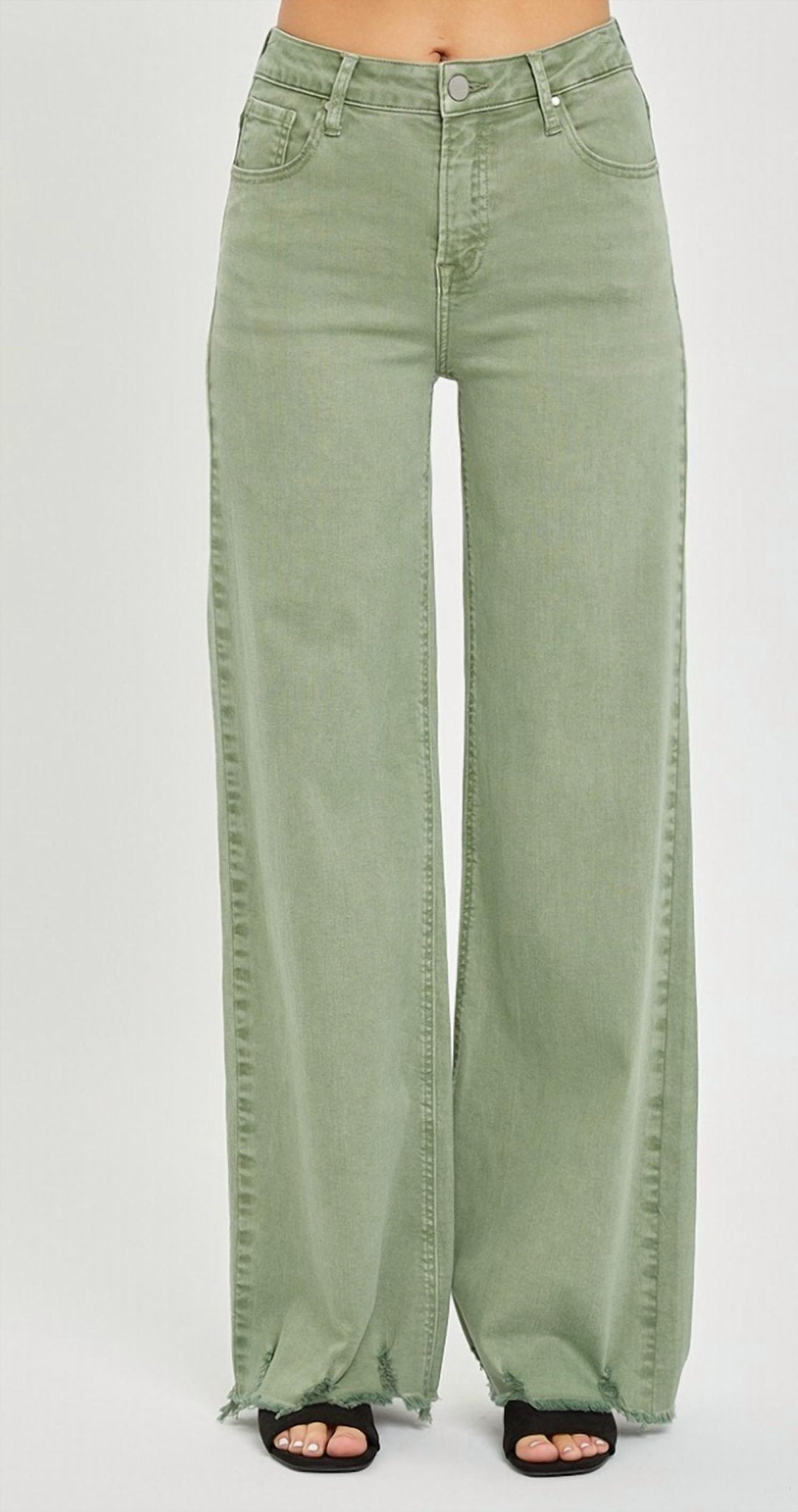 Risen - High Rise Wide Leg Frayed Hem Pants - clothing - cotton - blend - green