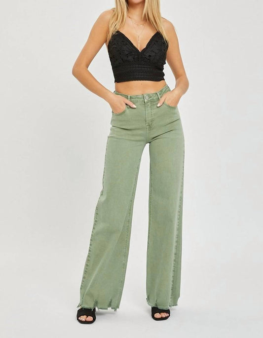 Risen - High Rise Wide Leg Frayed Hem Pants - clothing - cotton - blend - green