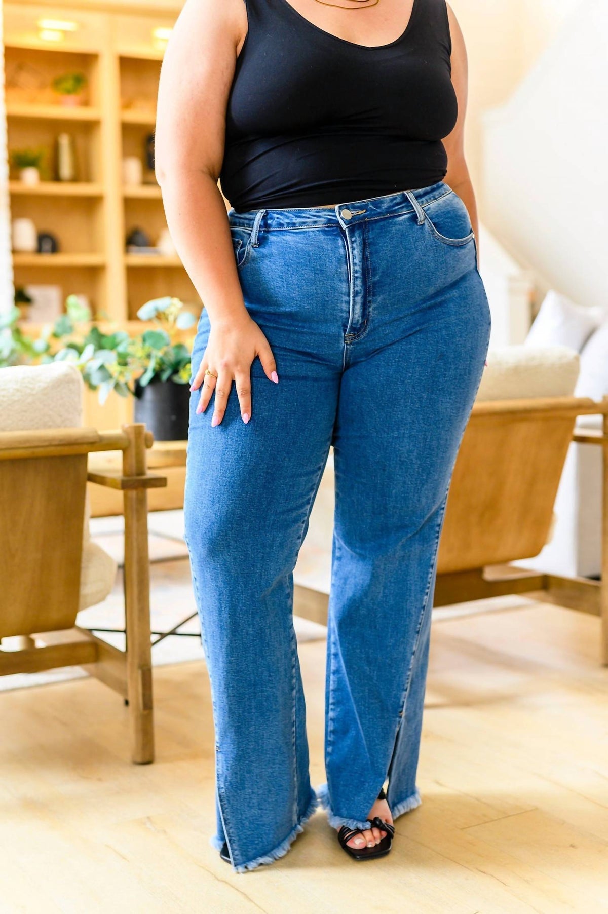 Risen - High Waist Split Hem Straight Leg Jeans - Plus