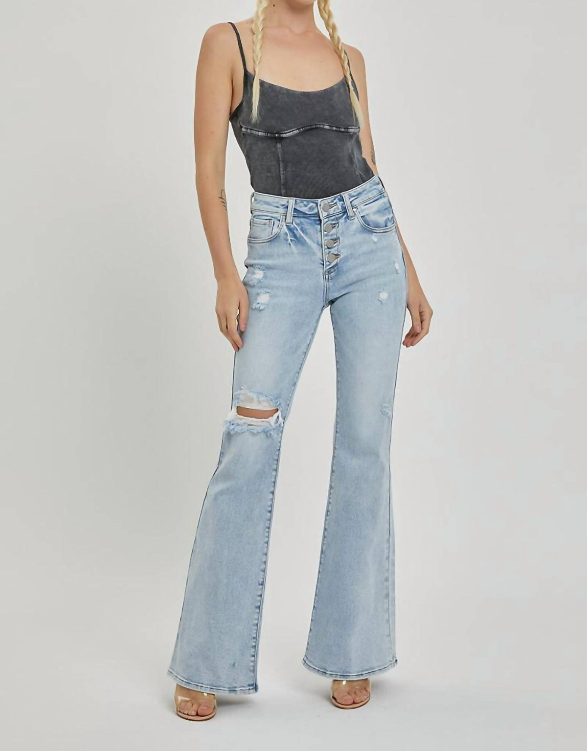 Risen - Mid Rise Button Down Flare Jeans