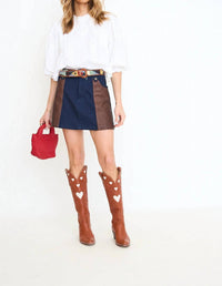Rivir - Leather Patched Denim Mini Skirt