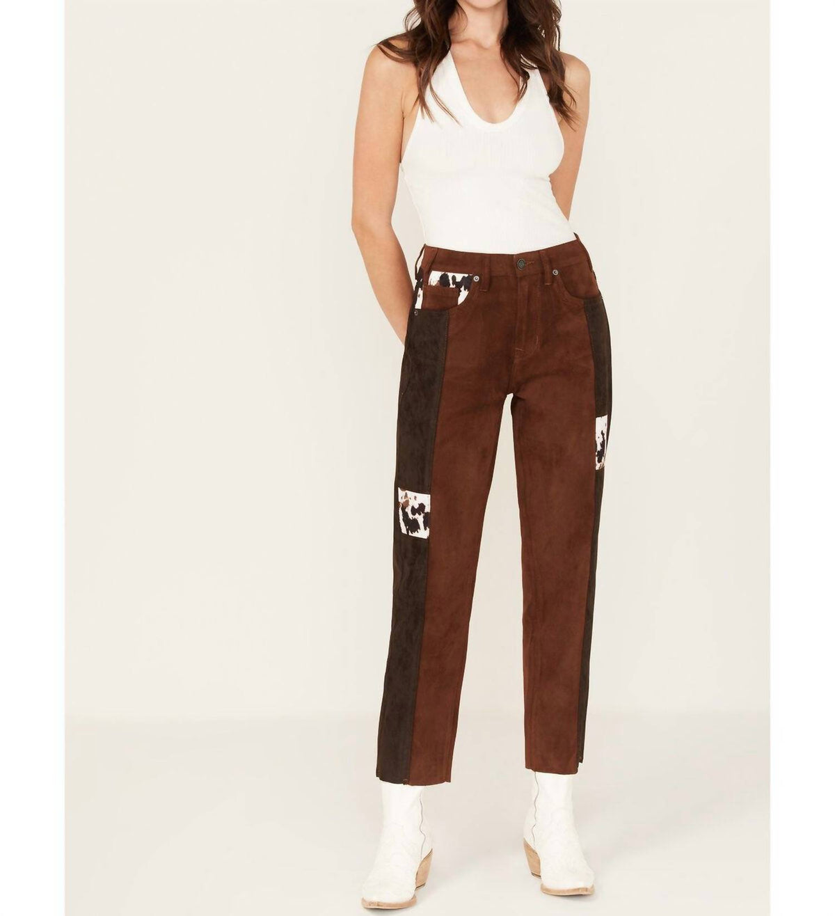 Rock & Roll Denim - High Rise Suede Patchwork Straight Cropped Jeans