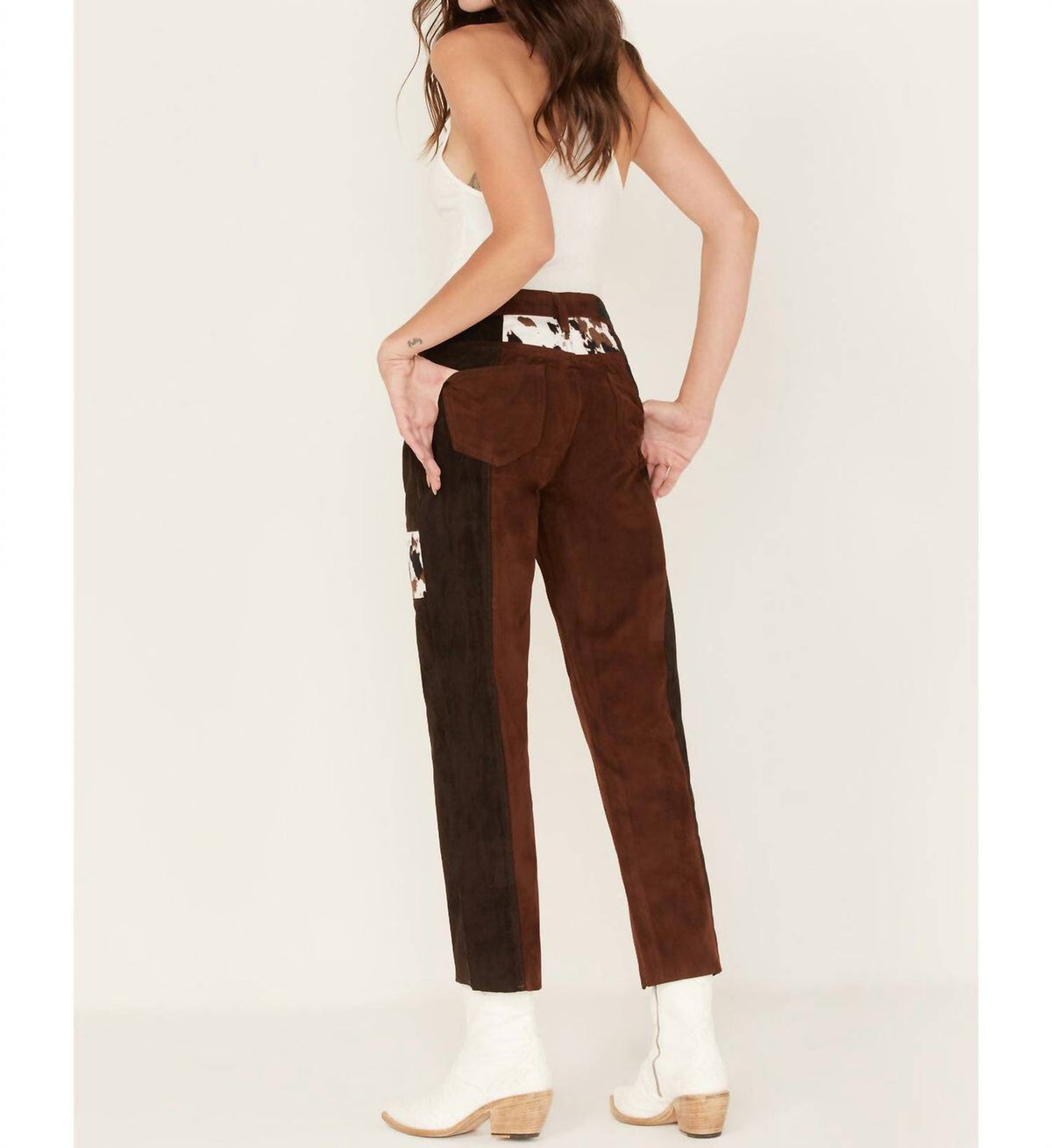 Rock & Roll Denim - High Rise Suede Patchwork Straight Cropped Jeans