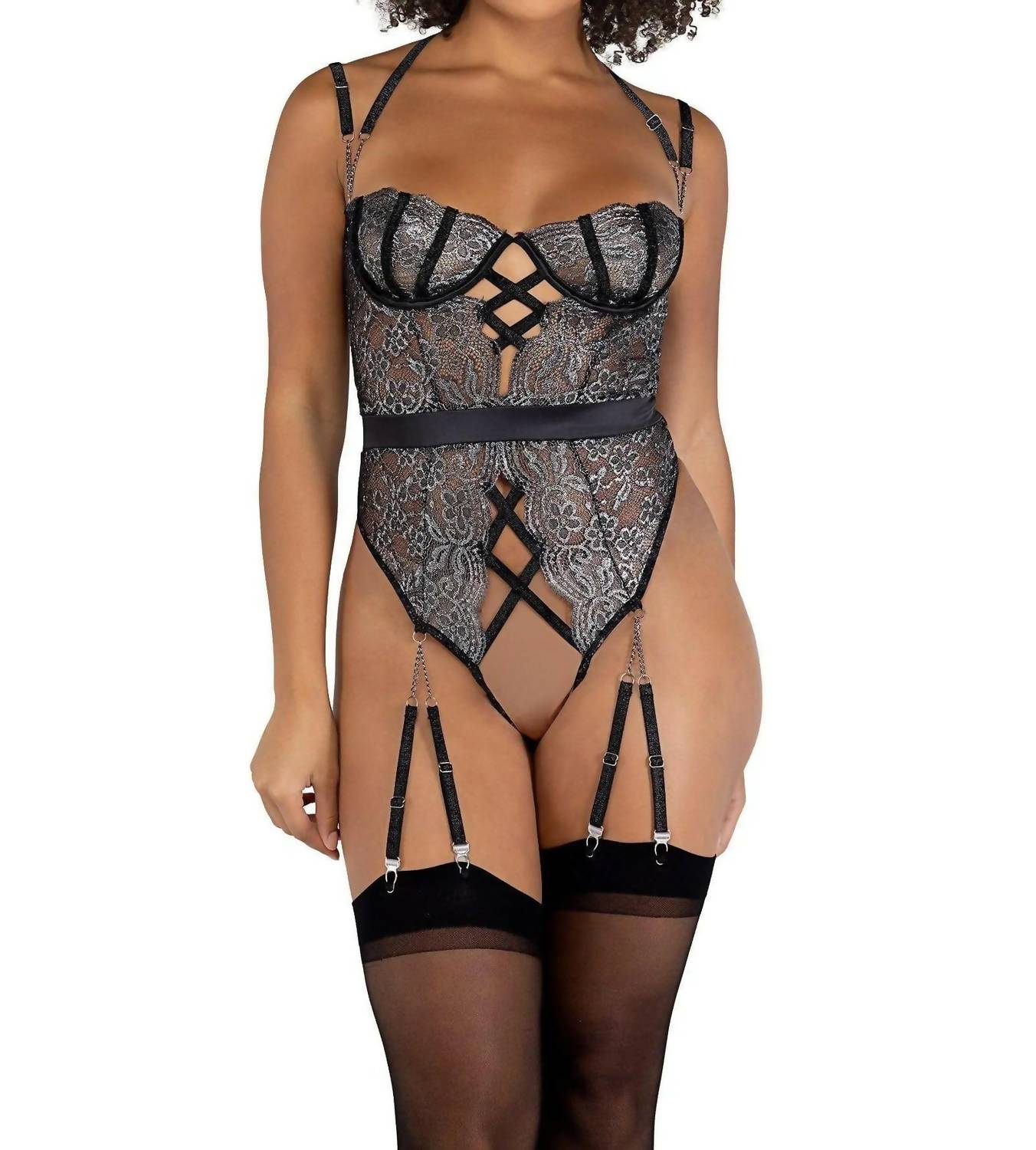 Roma Confidential - Sparkle Gartered Crotchless Teddy - black - clothing - intimates