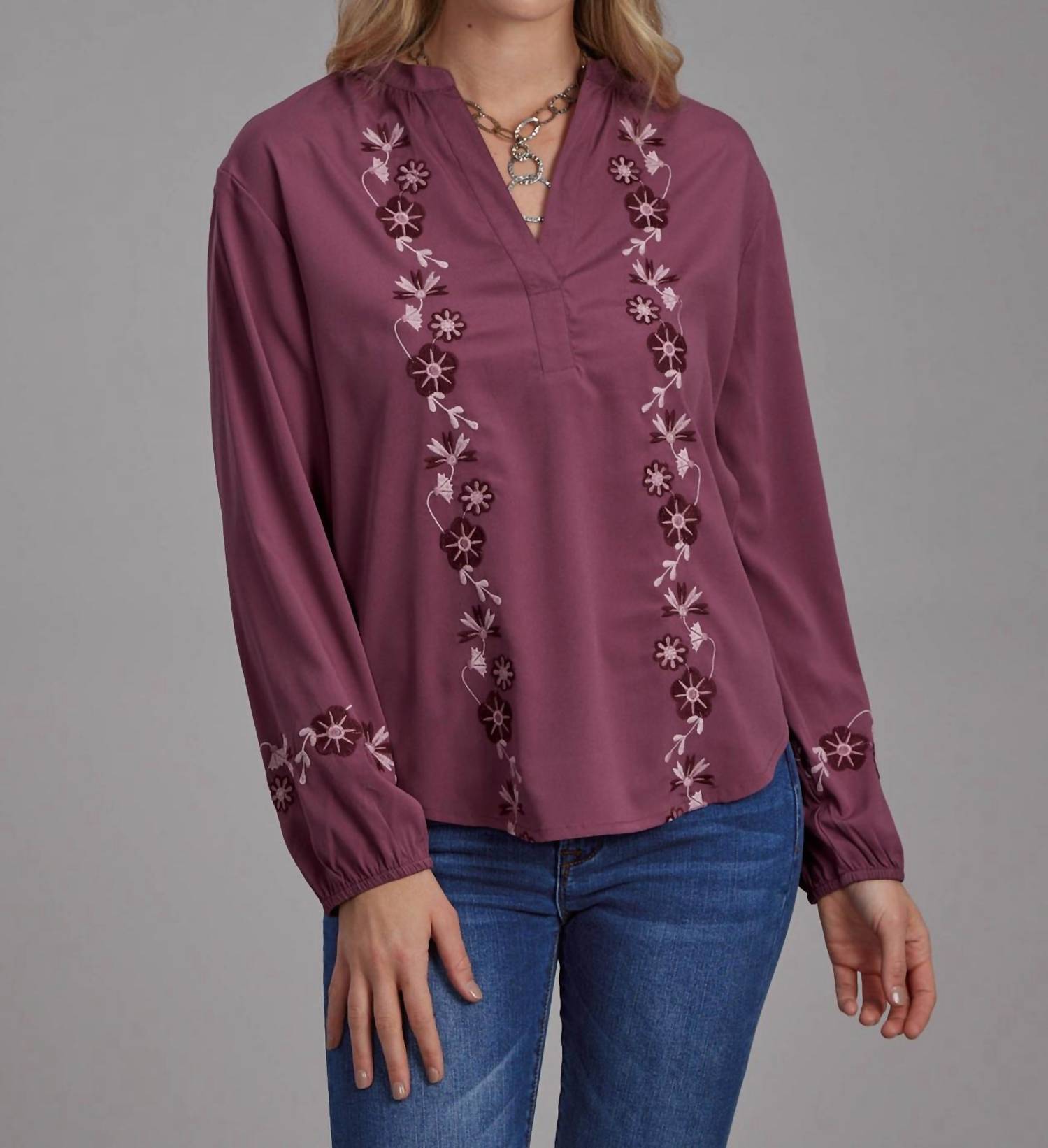 Roper - Long Sleeve Embroidered Wine Blouse - clothing - floral - purple