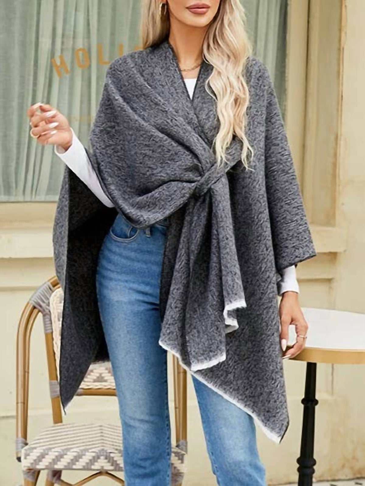 Rosa Clothing - Asymmetrical Plain Chilly Ruana Wrap