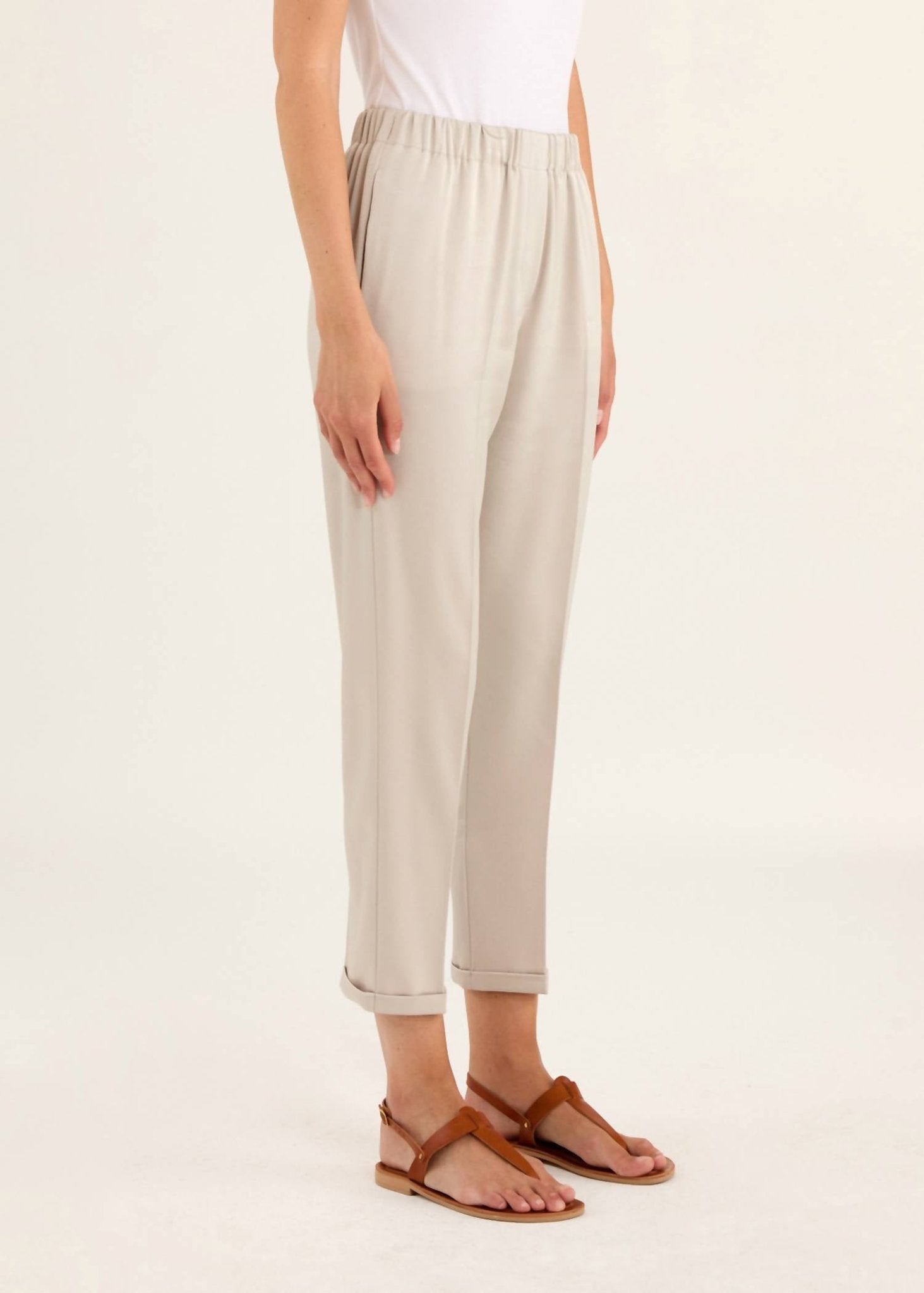 Rosso35 - Cuffed Capri Pants With Elastic Waist - ankle - beige - clothing