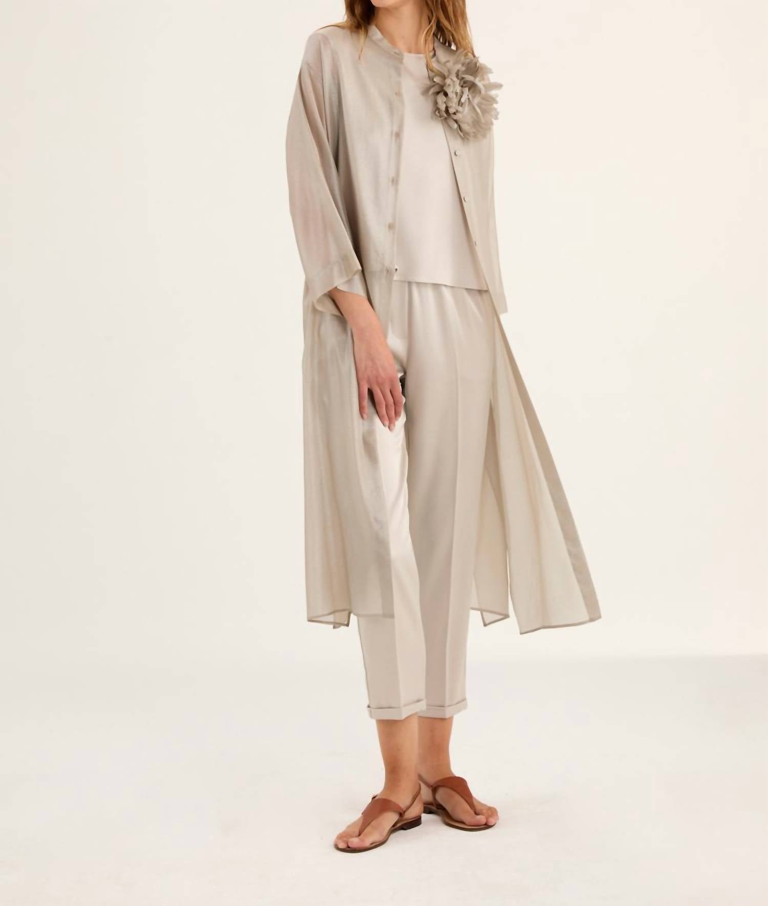 Rosso35 - Dust In Laminated Silk Georgette Duster - beige - clothing - dresses