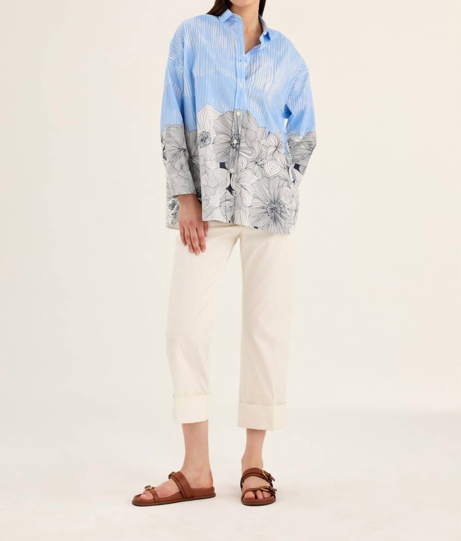 Rosso35 - Printed Long Sleeve Shirt With Side Slits - blue - button - down - shirts - clothing