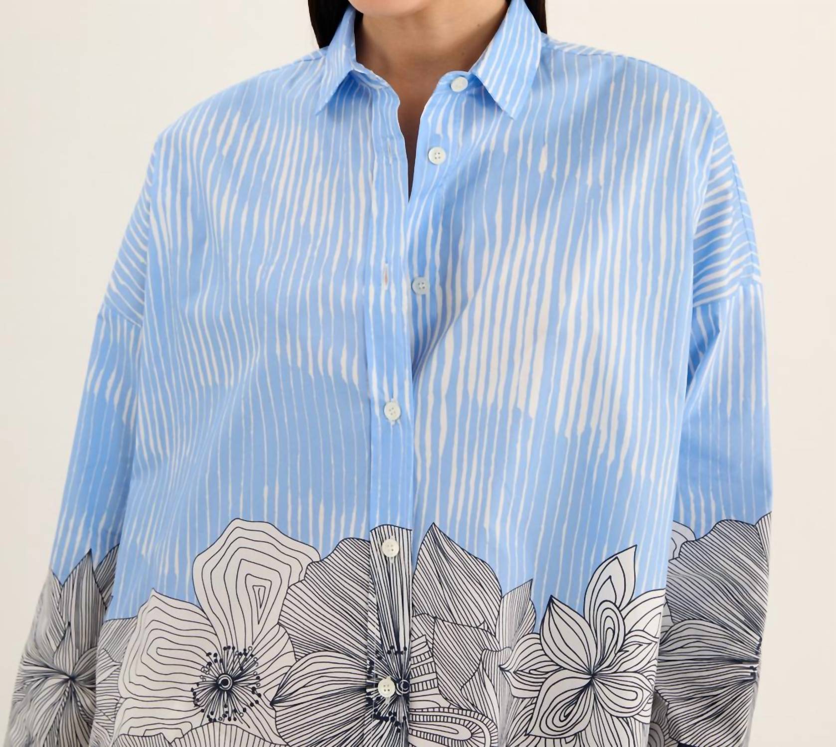 Rosso35 - Printed Long Sleeve Shirt With Side Slits - blue - button - down - shirts - clothing