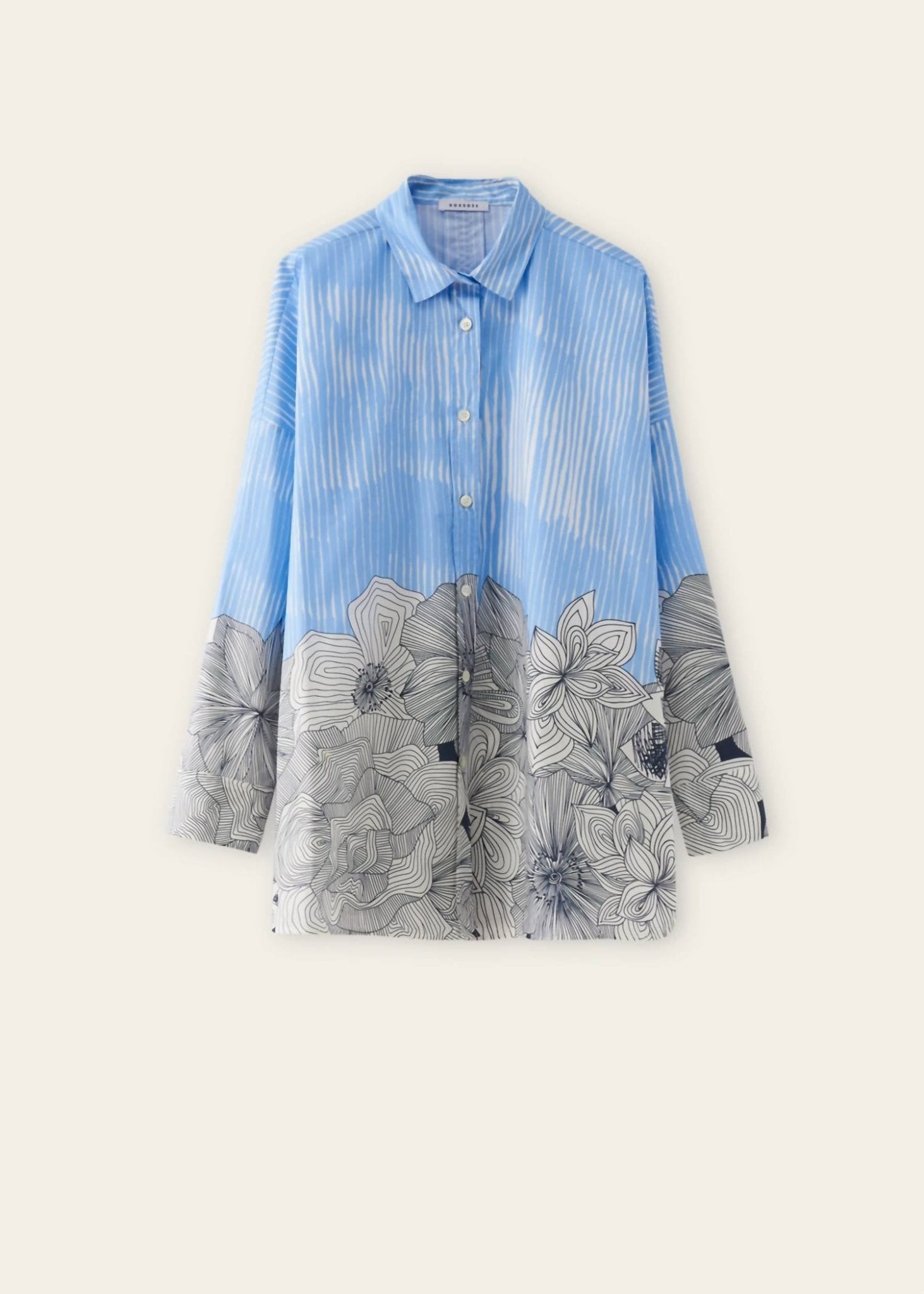 Rosso35 - Printed Long Sleeve Shirt With Side Slits - blue - button - down - shirts - clothing