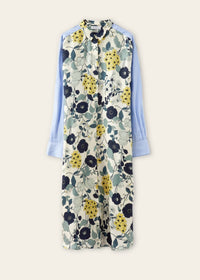 Rosso35 - Printed Silk Shirt Dress With Popeline Sleeves - blue - clothing - cotton
