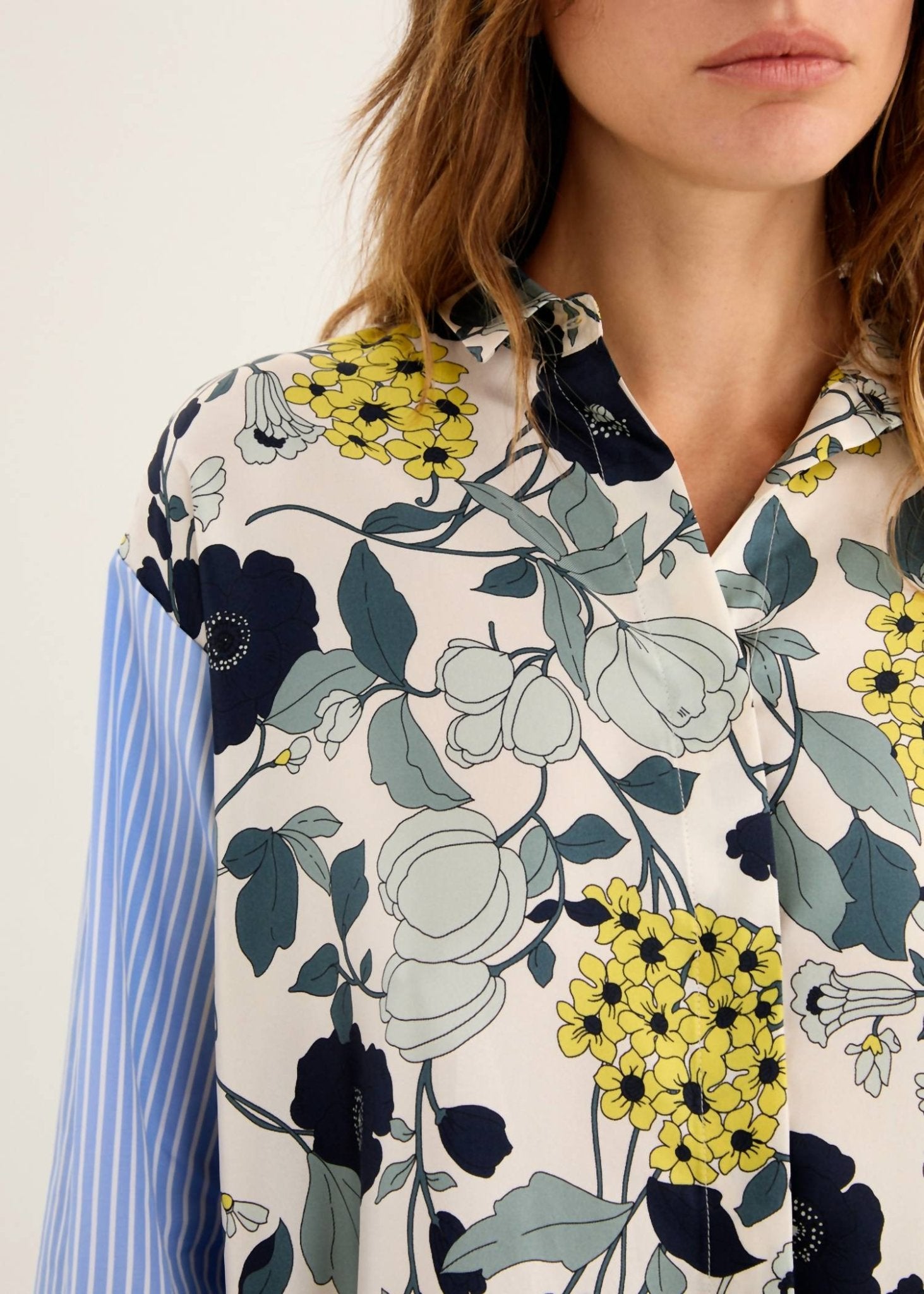Rosso35 - Printed Silk Shirt Dress With Popeline Sleeves - blue - clothing - cotton