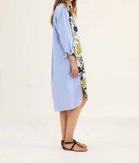 Rosso35 - Printed Silk Shirt Dress With Popeline Sleeves - blue - clothing - cotton