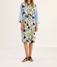 Rosso35 - Printed Silk Shirt Dress With Popeline Sleeves - blue - clothing - cotton
