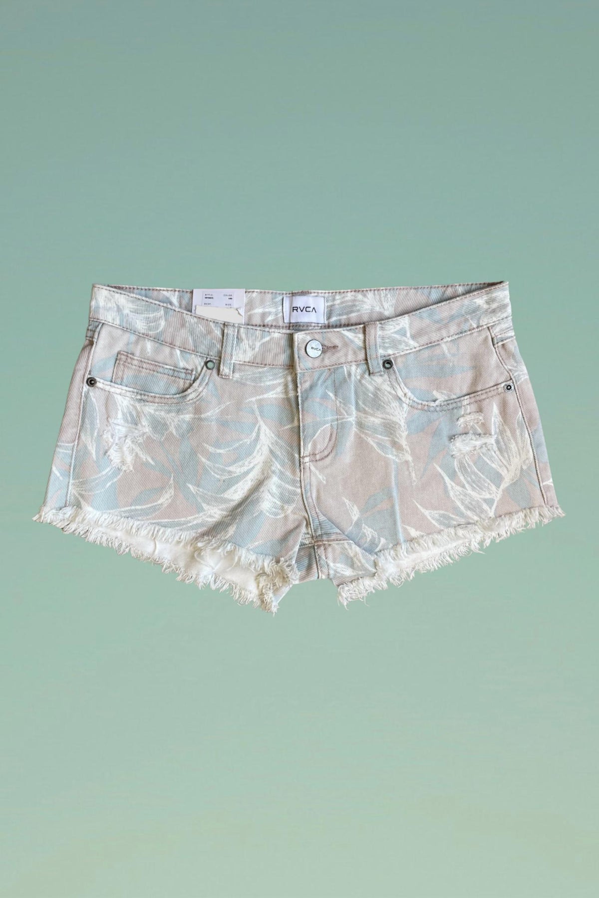 Rvca - Tropical Print Distressed Denim Shorts