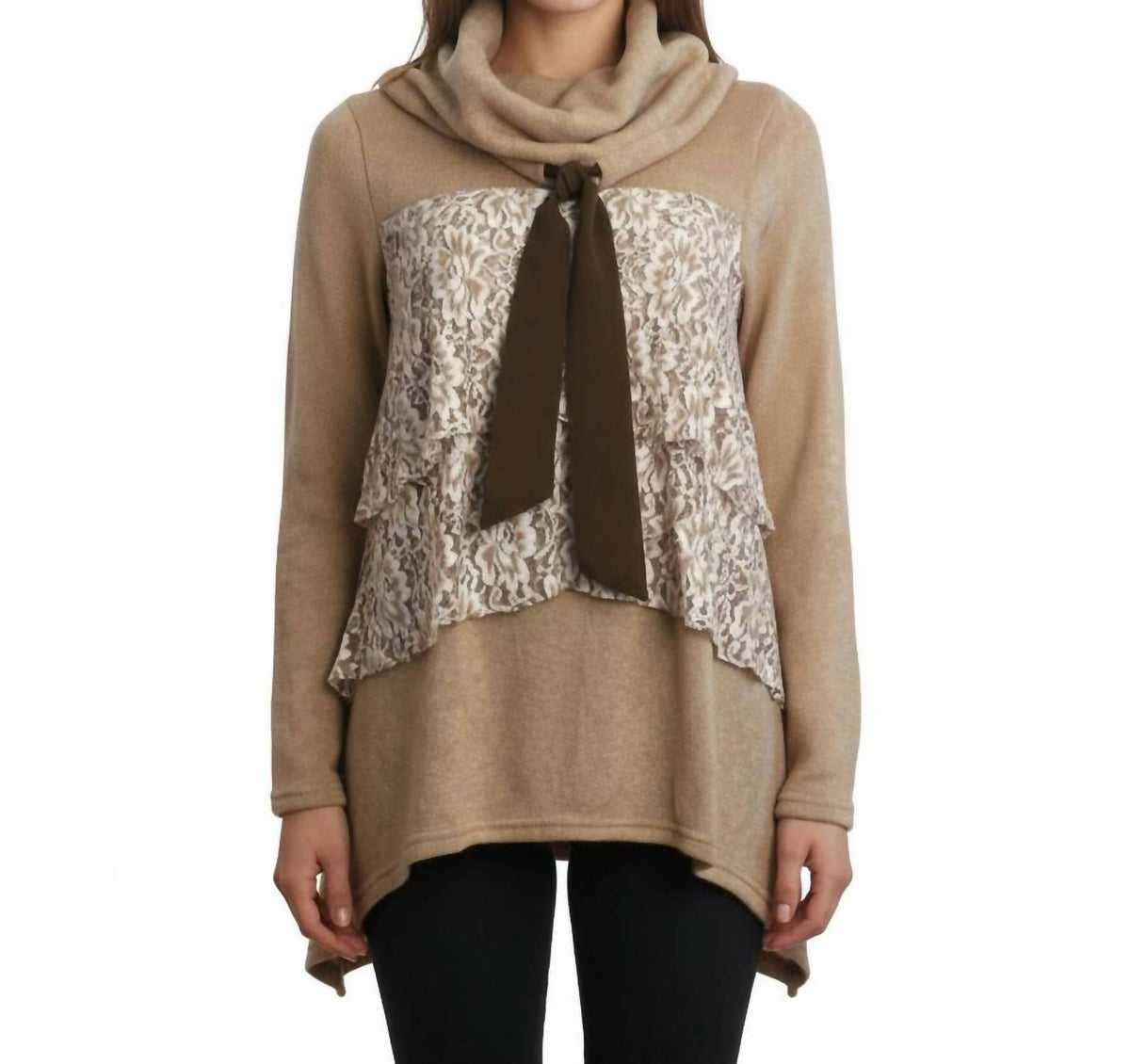 Ryu - Lace Ruffled Cowl Neck Sweater