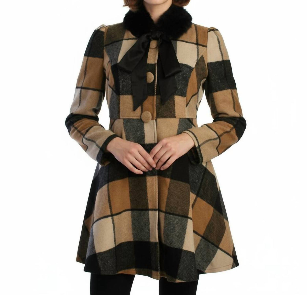Ryu - Plaid Wool Jacket With Faux Fur Scarf