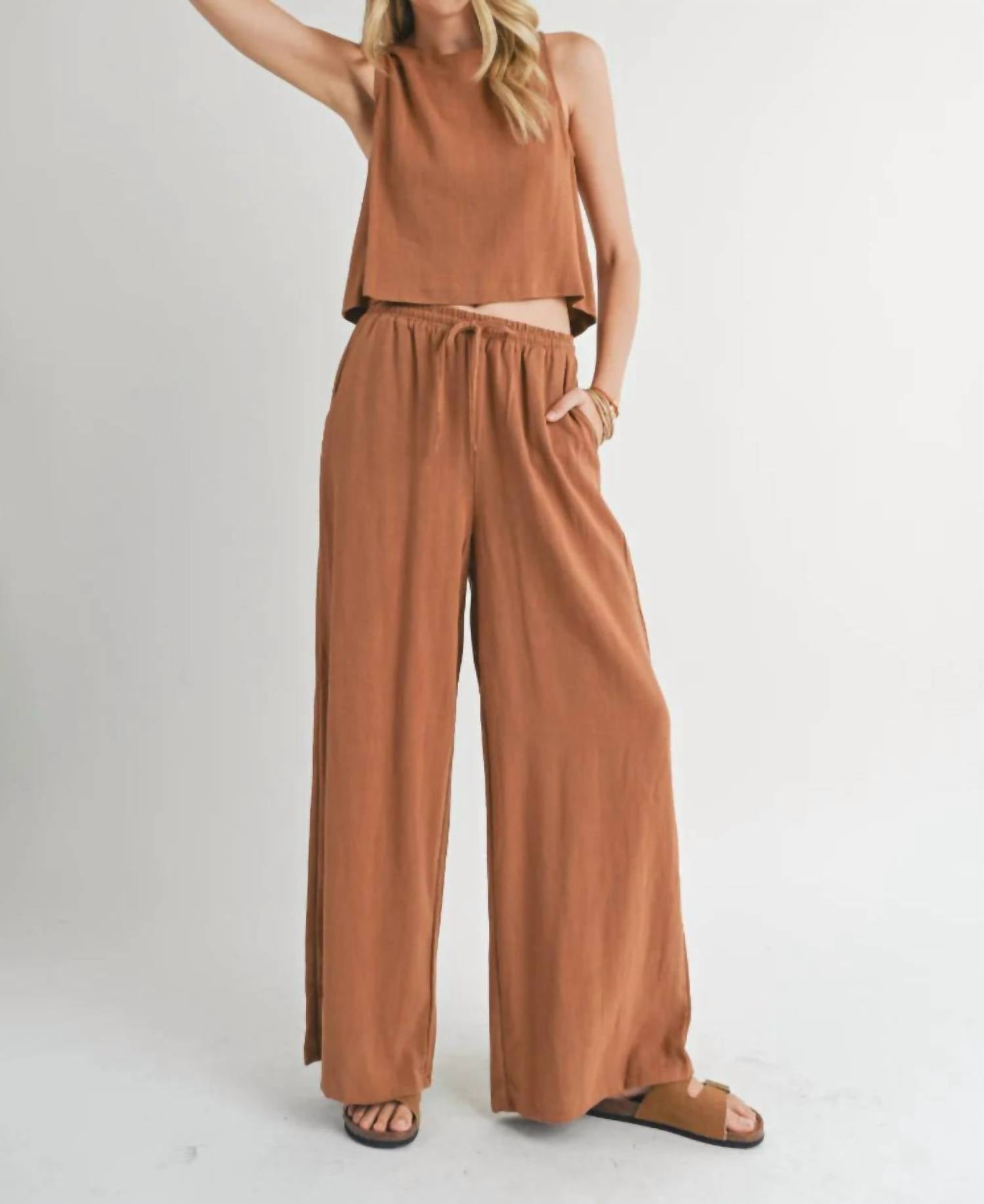Sadie & Sage - Sugarloaf Elastic Waist Linen Wide Leg Pants - brown - clothing - pants