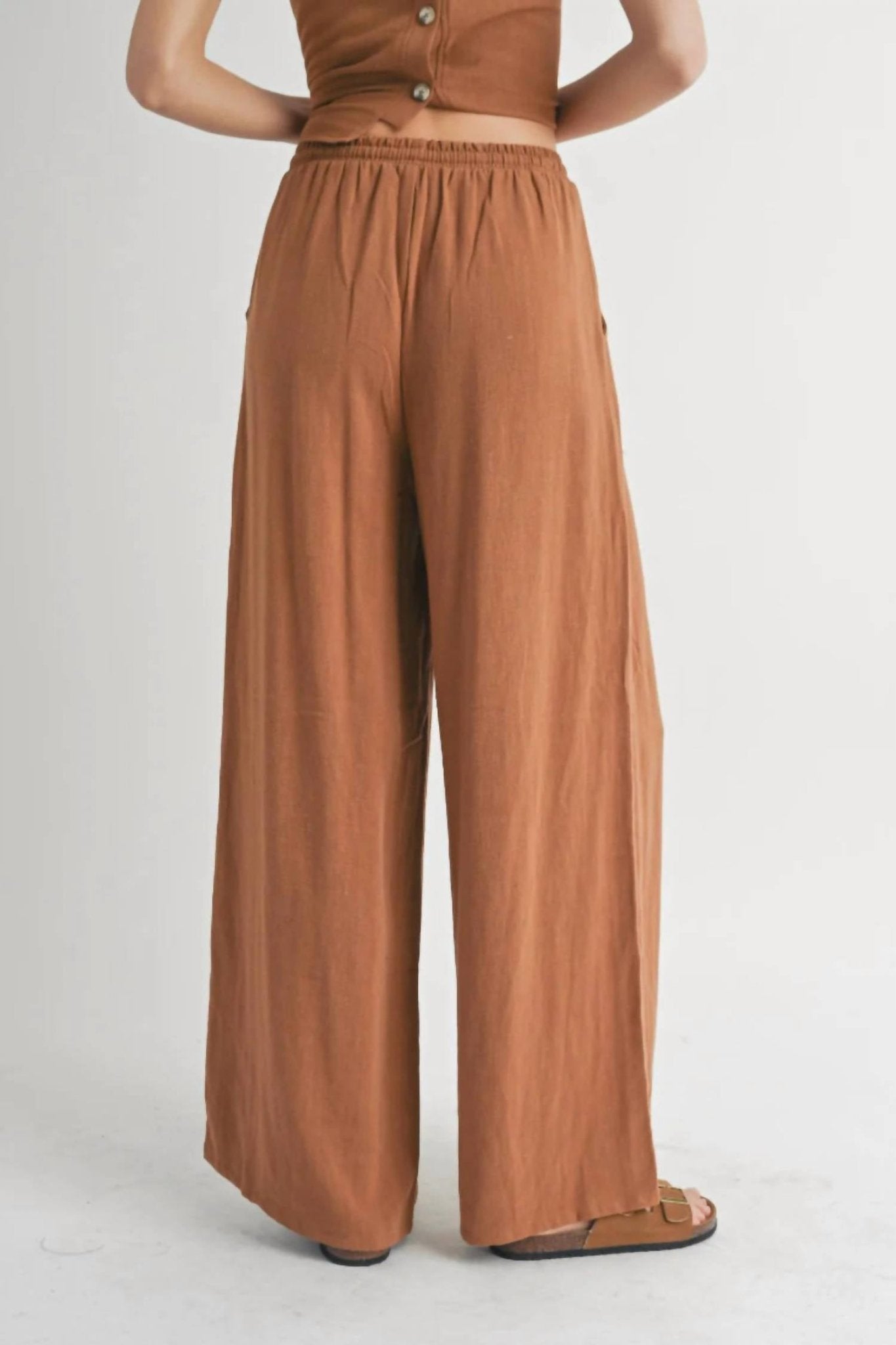 Sadie & Sage - Sugarloaf Elastic Waist Linen Wide Leg Pants - brown - clothing - pants