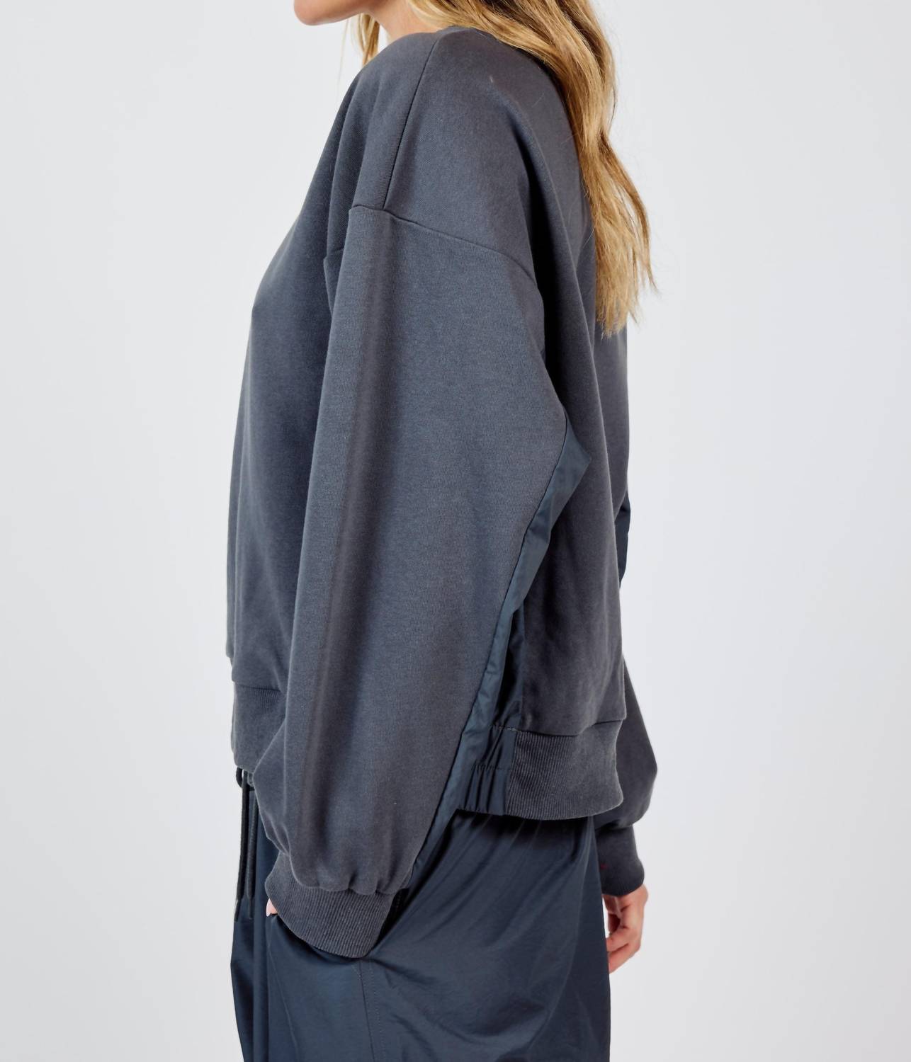 Sadie & Sage - Vita Nylon Panels Crewneck Long Sleeve Top - clothing - cotton - grey
