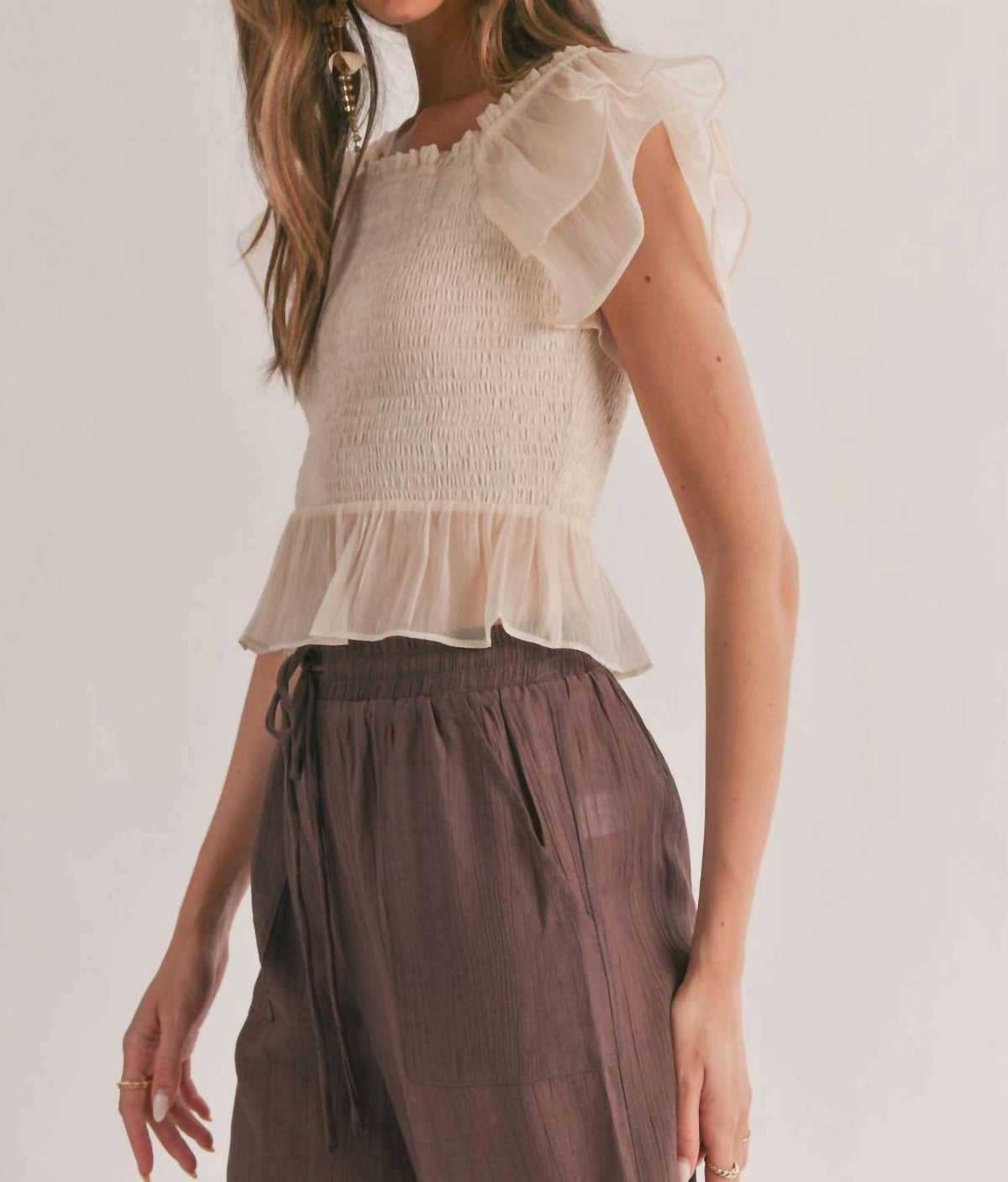 Sage The Label - Blurred Smocked Ruffle Peplum Top