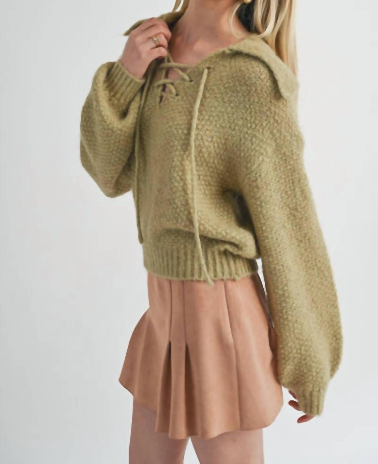 Sage The Label - Sophia Lace Up V - neck Sweater - clothing - green - nylon - blend