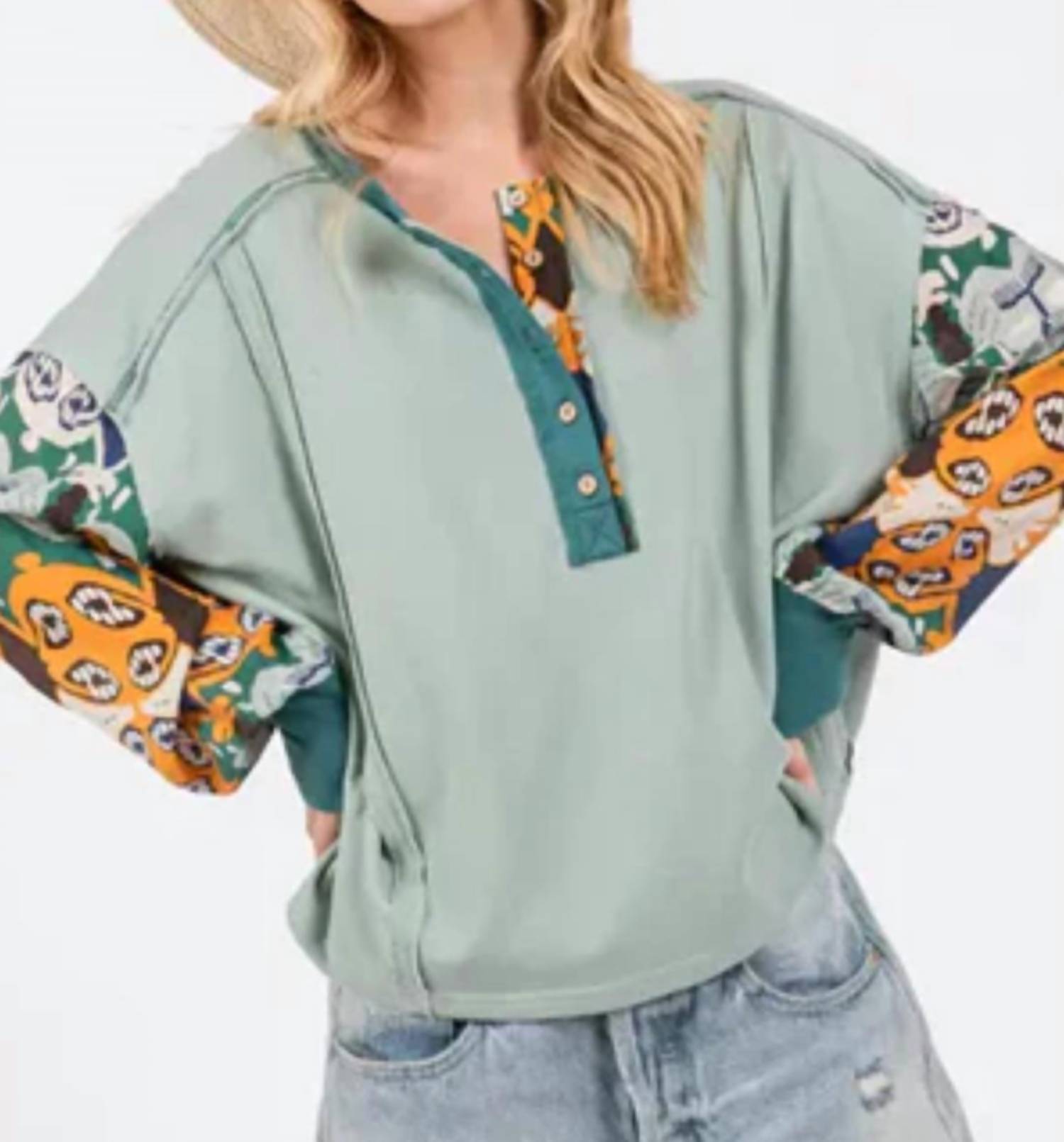 Sage+Fig - Contrast Long Sleeves Top - blue - clothing - patterned