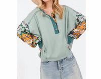 Sage+Fig - Contrast Long Sleeves Top - blue - clothing - patterned
