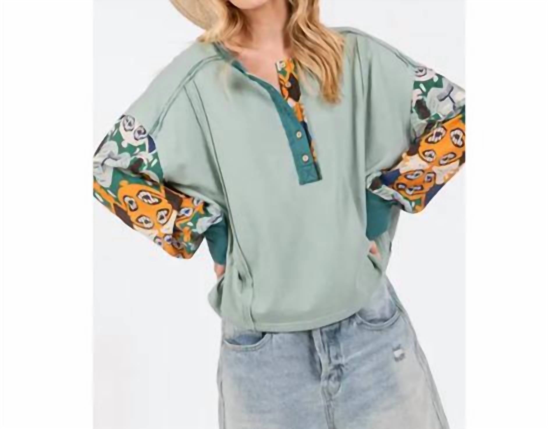 Sage+Fig - Contrast Long Sleeves Top - blue - clothing - patterned