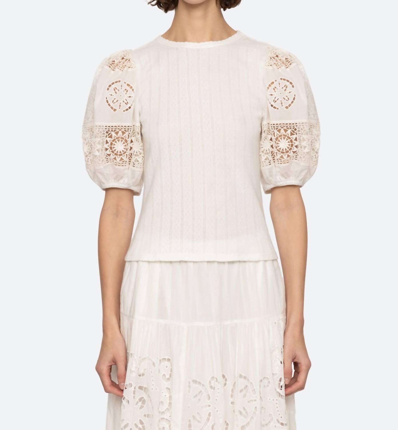 Sea - Dahlia Eyelet Combo Sleeve Tee - clothing - cotton - shirts