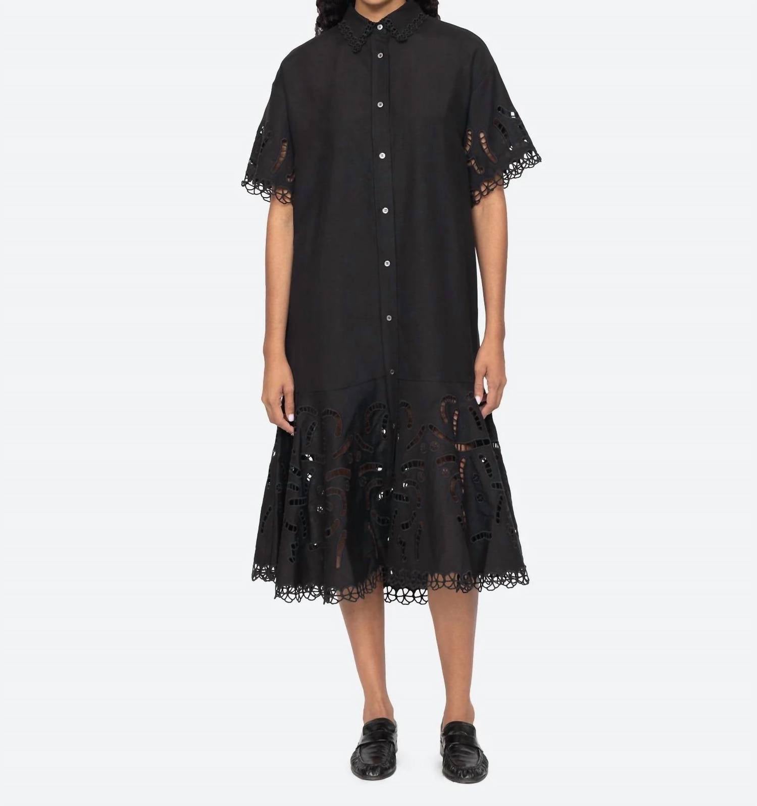 Sea - Marja Embroidered Shirt Dress - black - clothing - dresses